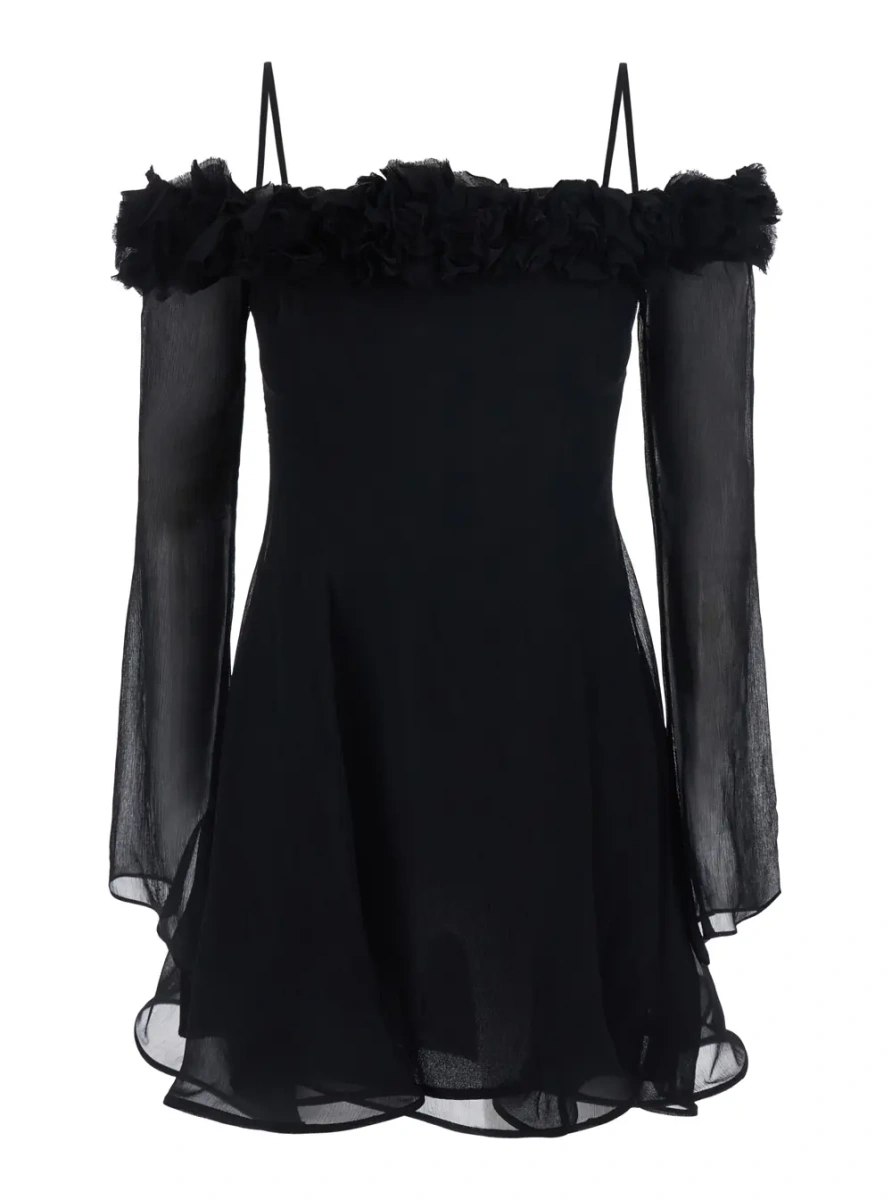 Rochii Black Viscose Creponne Dress with Roses for Women - Img 2