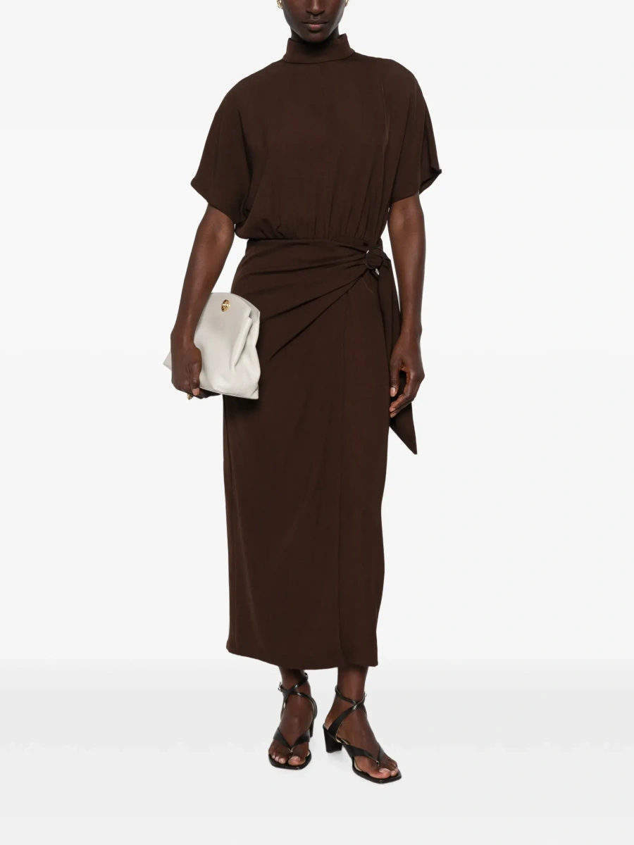 Rochii Brown High-Neck Dress with Front Buckle Belt in Fabric for Women - Img 4