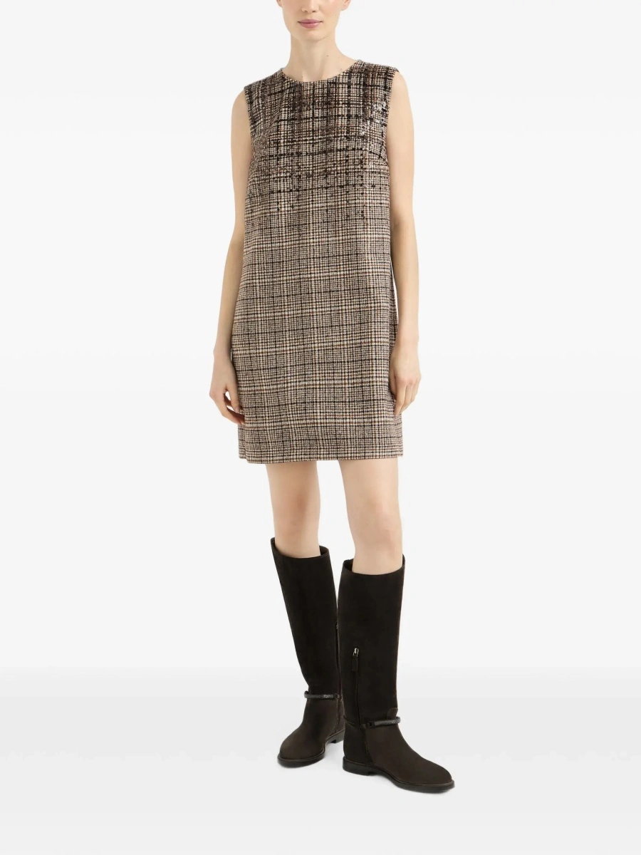 Rochii Brown Sleeveless dress with round neckline and all-over check motif in wool blend for women - Img 5
