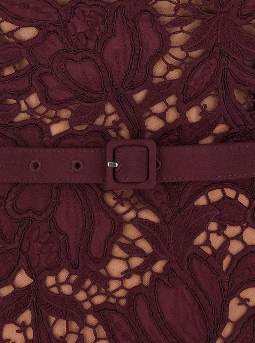 Rochii burgundy Long dress with lace details and round neckline in fabric for women - Img 3