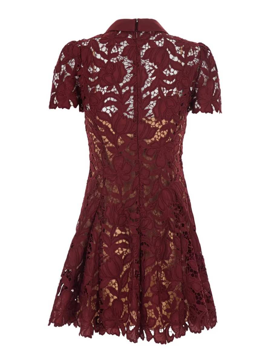 Rochii burgundy Mini dress with lace details and flower-shaped buttons in fabric for women - Img 2