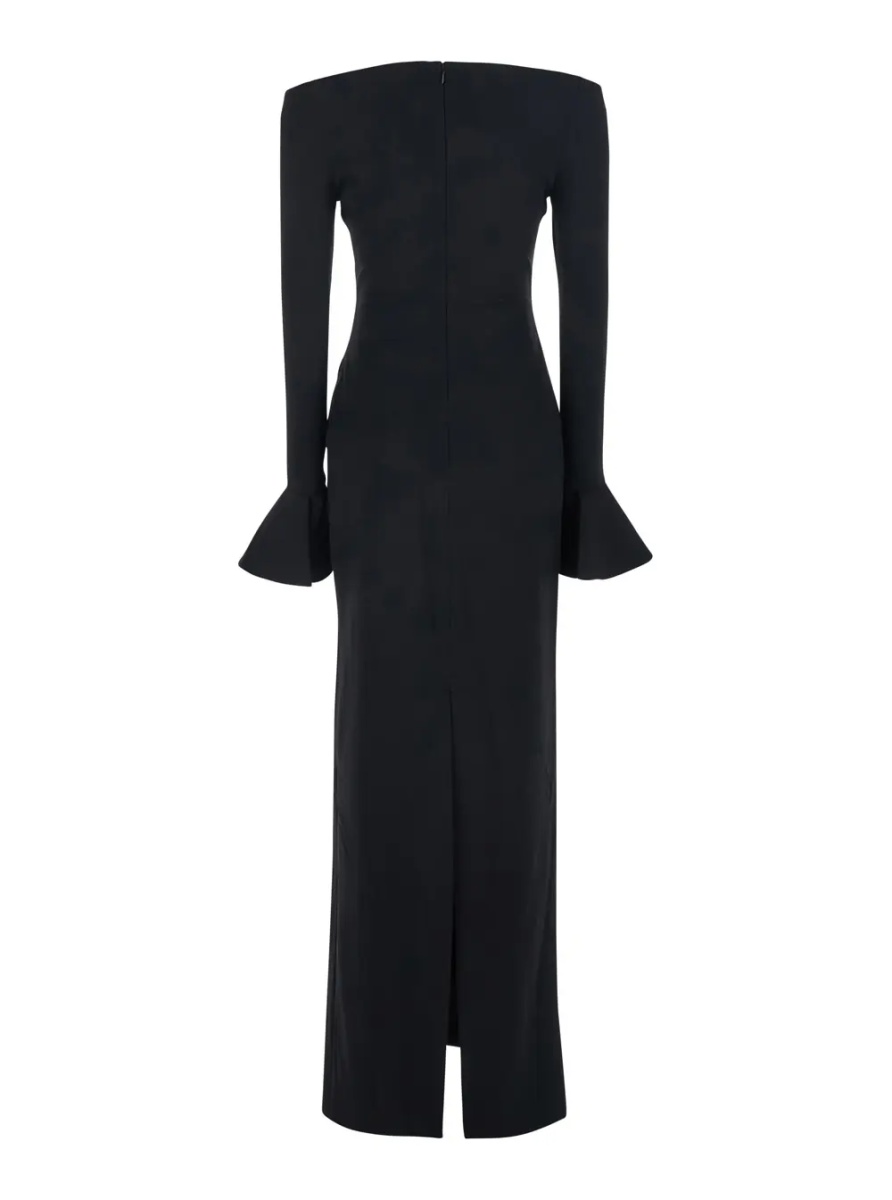 Rochii Long Dress 'Anica' with Square Neckline and Flared Cuffs in Black Fabric for Women - Img 2