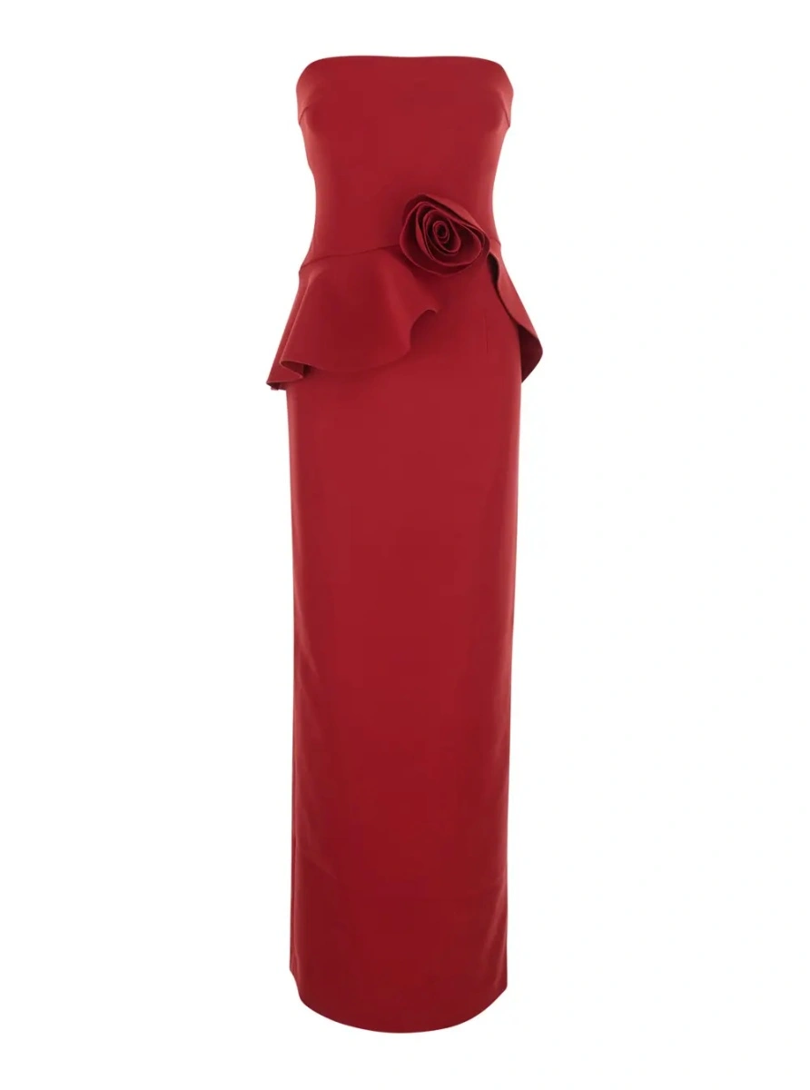 Rochii Red Long Sleeveless Dress with Floral Detail on the Front in Tech Fabric Women - Img 3