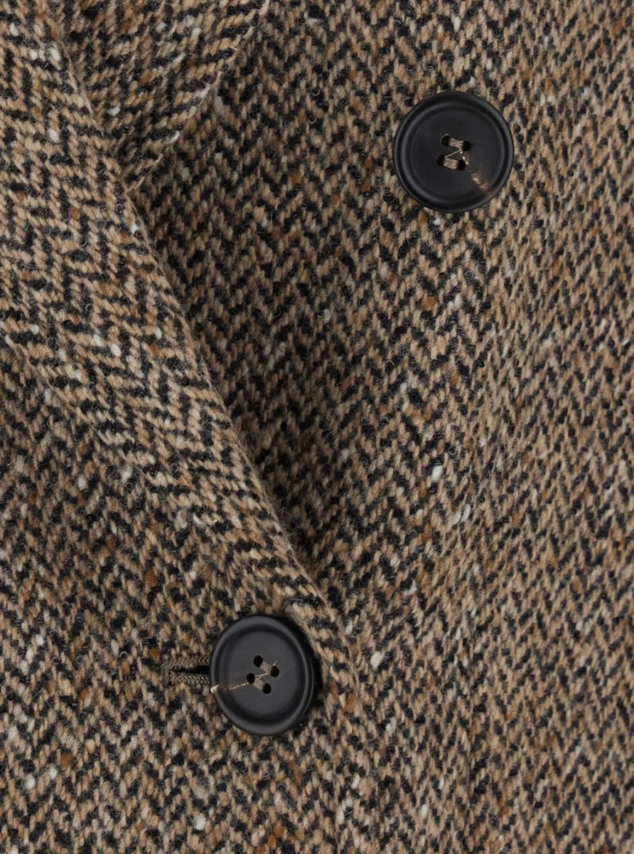 Sacou beige crop Jacket with peak revers in virgin wool blend for women - Img 3