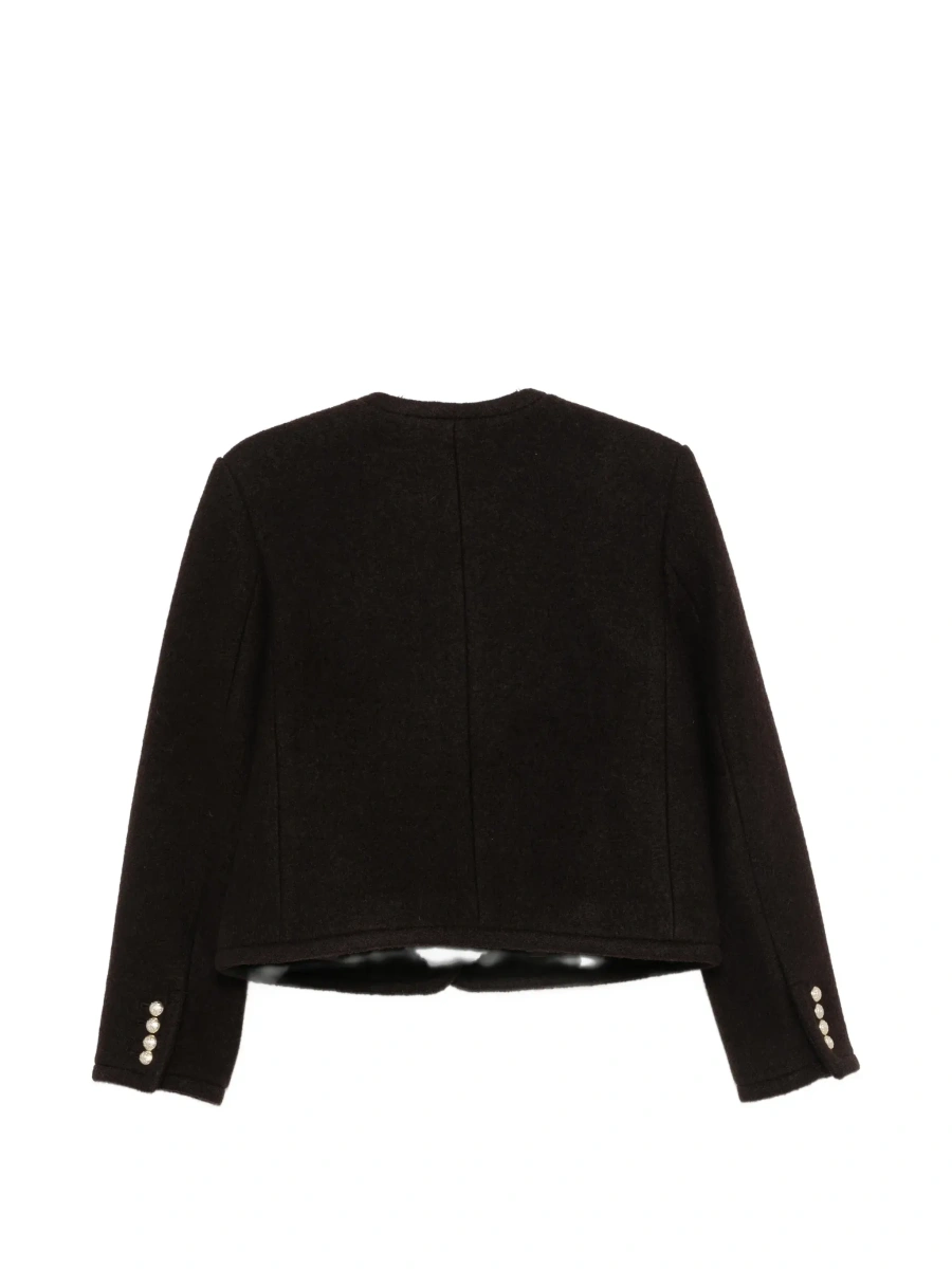 Sacou Brown Round-Neck Jacket with Jewel Button Closure in Wool for Women - Img 4