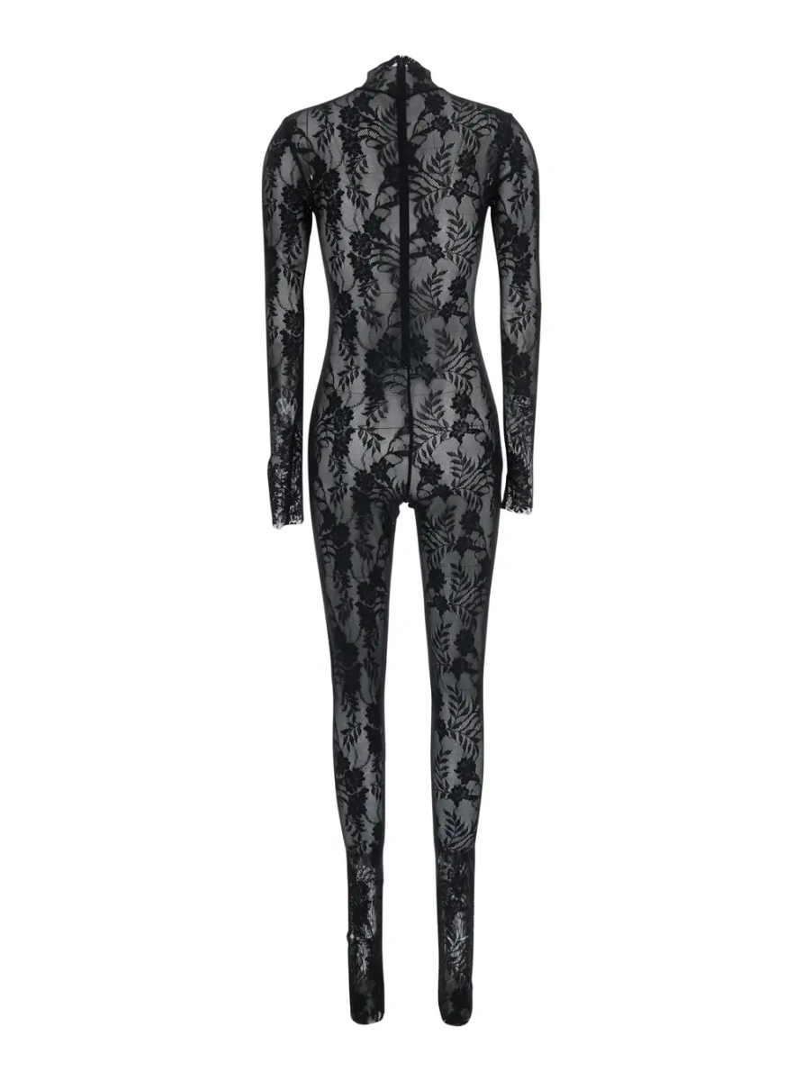 Salopete Black High-neck jumpsuit with hidden back zip closure and all-over lace embroidery in Tech Fabric for women - Img 2
