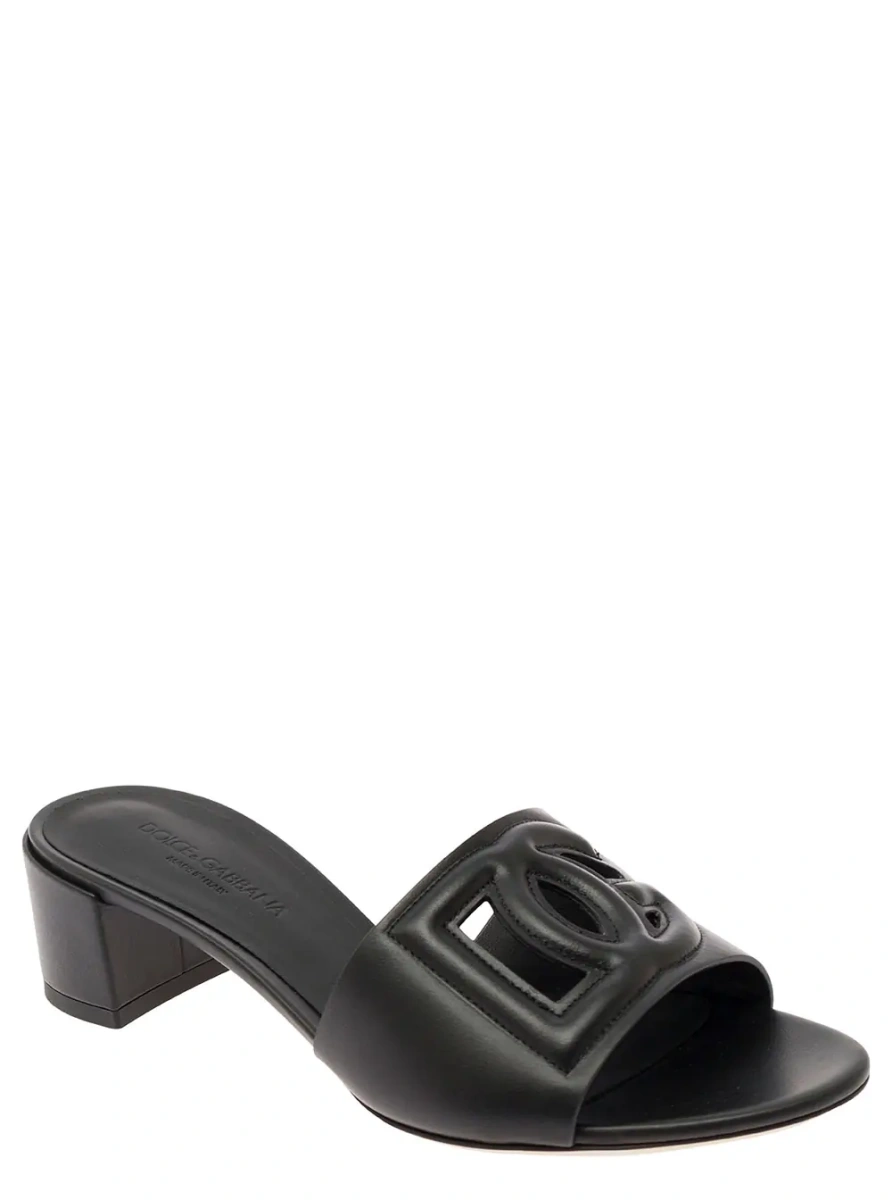 Sandale Black Mules with Low Heel and DG Cut-Out in Smooth Leather Woman - Img 2