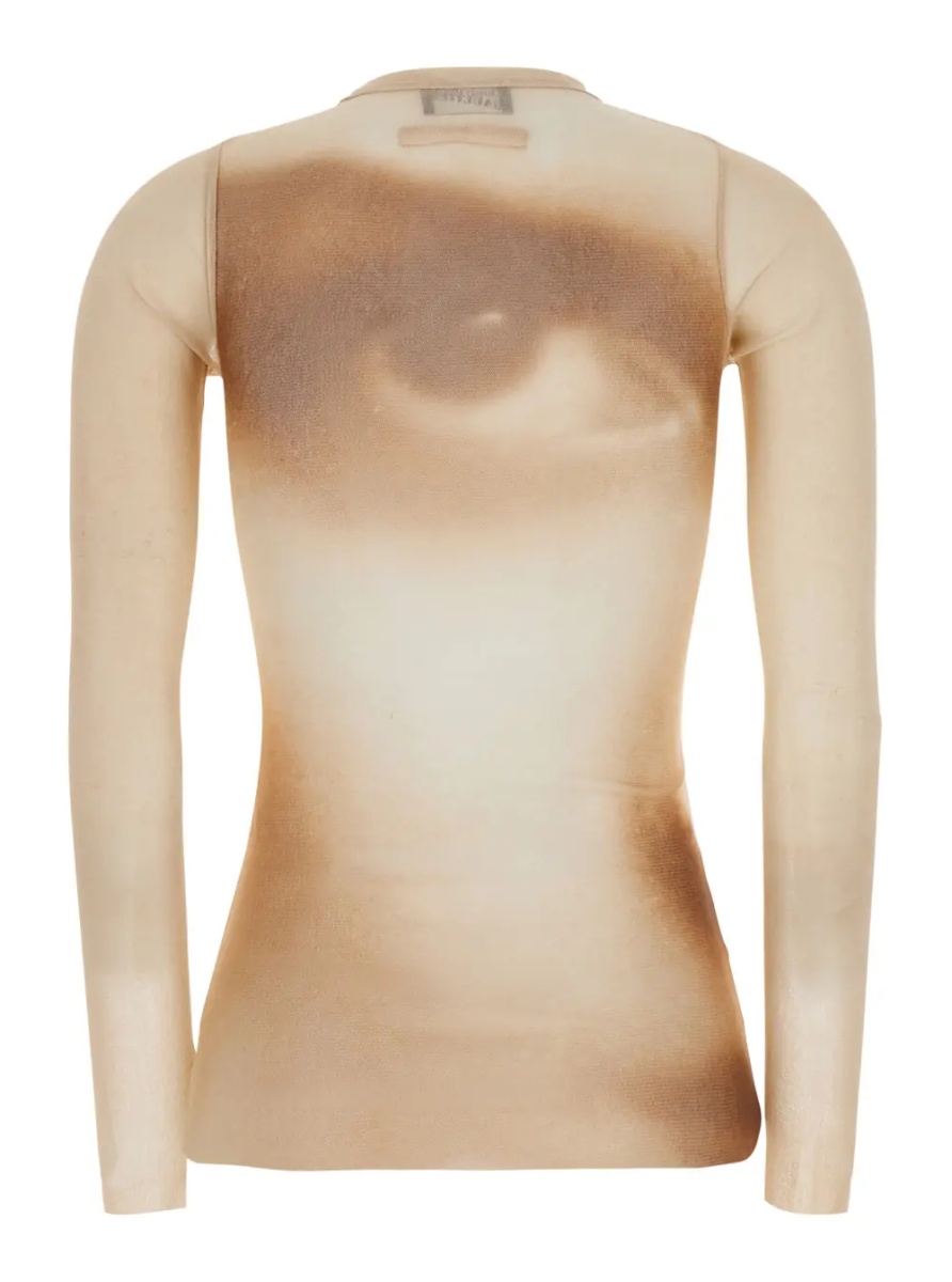 Tricou Beige T-Shirt with "Face" Print and Long Sleeves in Tech Fabric for Women - Img 2