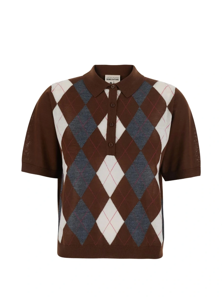 Tricou Polo 'DIANA' brown Sweater with polo collar and motif with diamonds in virgin wool for women - Img 6