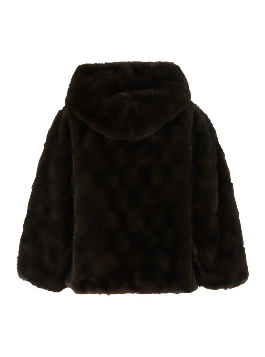 Blanuri Brown shearling jacket with hood and front zip closure in ecofur for women - Img 2