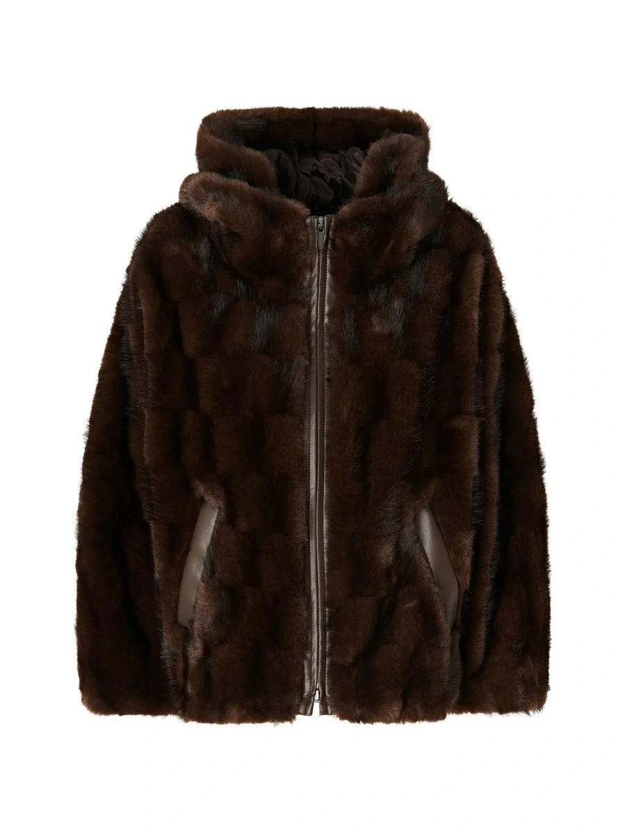 Blanuri Brown shearling jacket with hood and front zip closure in ecofur for women - Img 5