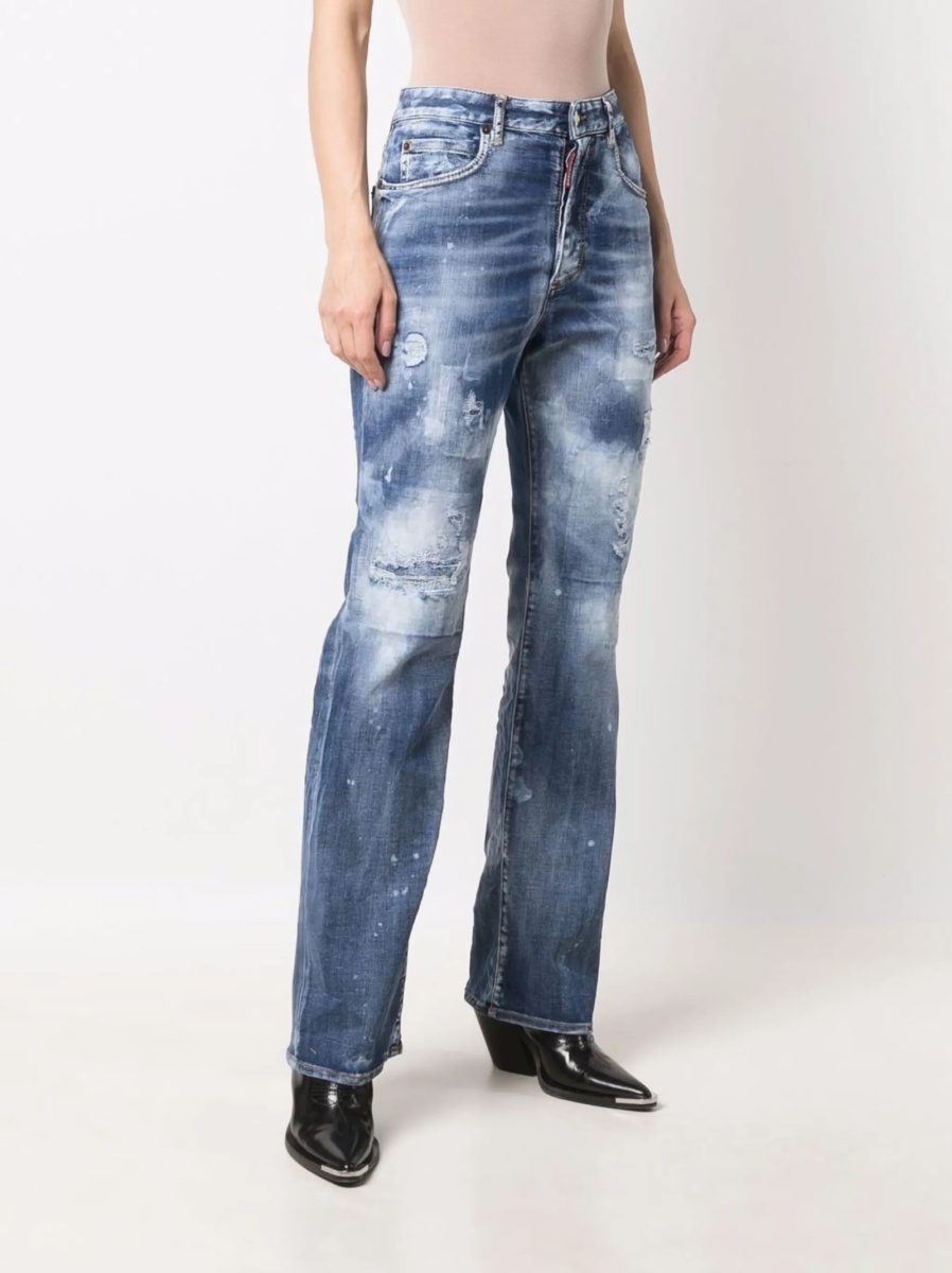 Blugi drepti DSQUARED2 albastri din bumbac si piele - Img 3