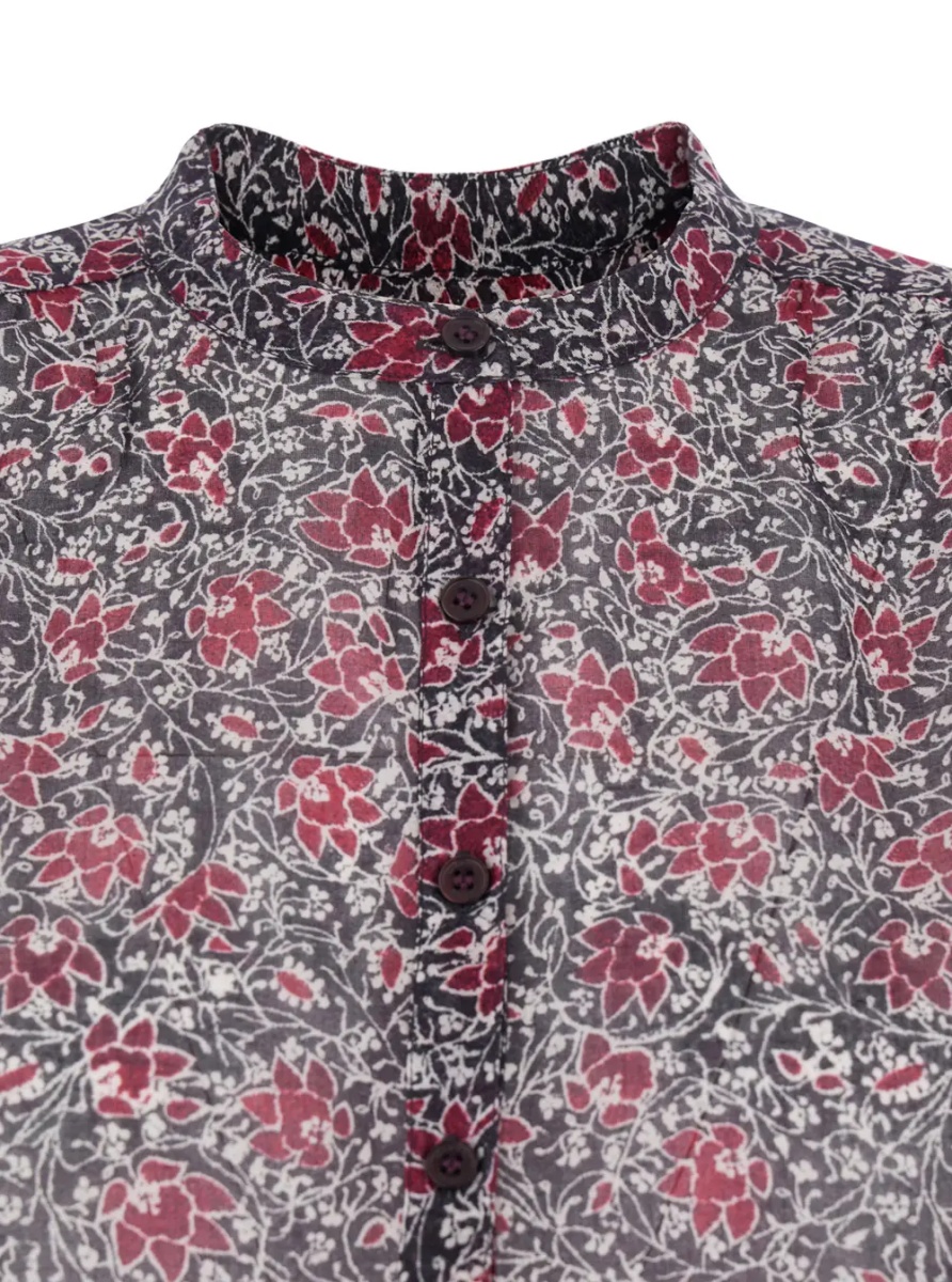 Bluza 'Maria' Purple Blouse with Serafino Neckline with Buttons and Floral Print in Cotton for Women - Img 3