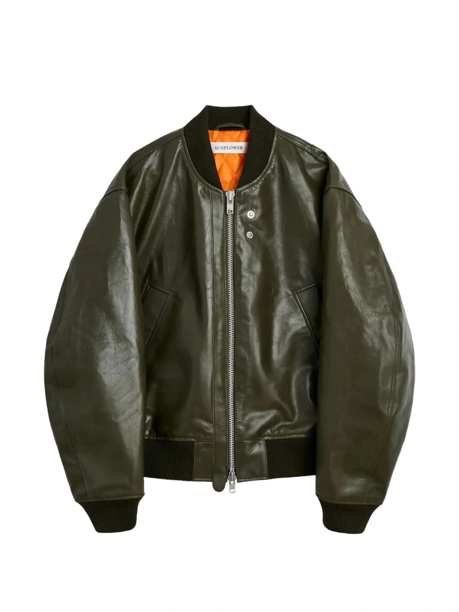 Bomber Bomber Jacket with Two Welt Pockets on the Front in Green Leather for Men - Img 7