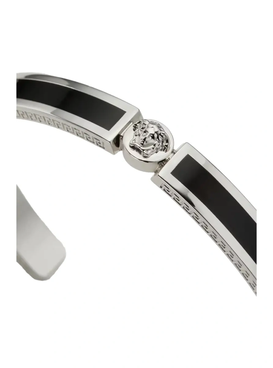 Bratari Black Enamelled Rigid Bracelet with Medusa Plate and Greek Engraving in Brass for Men - Img 2