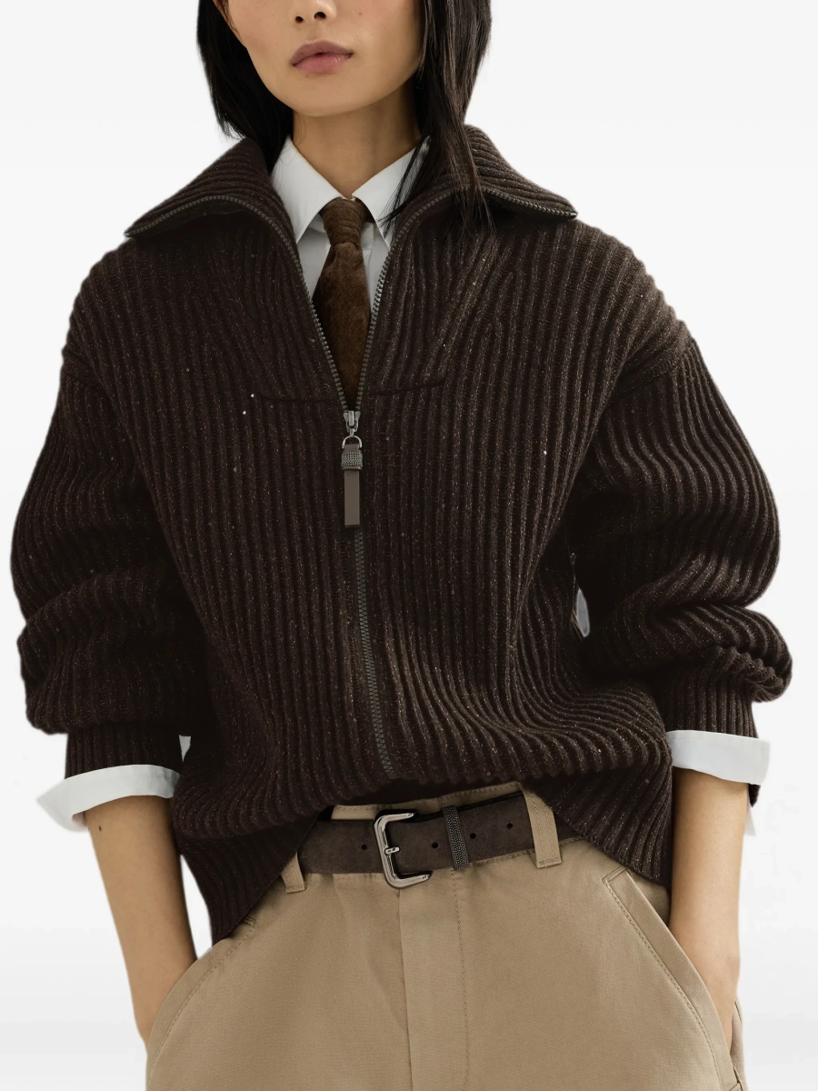 Cardigan Brunello Cucinelli maro din polyester si nylon - Img 5