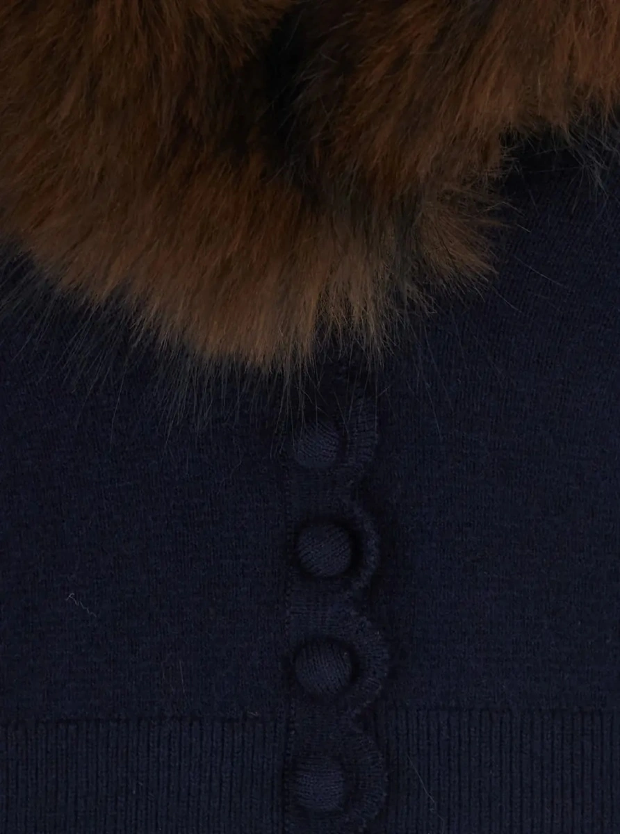Cardigan Self-Portrait albastru din tricot si blana sintetica - Img 3