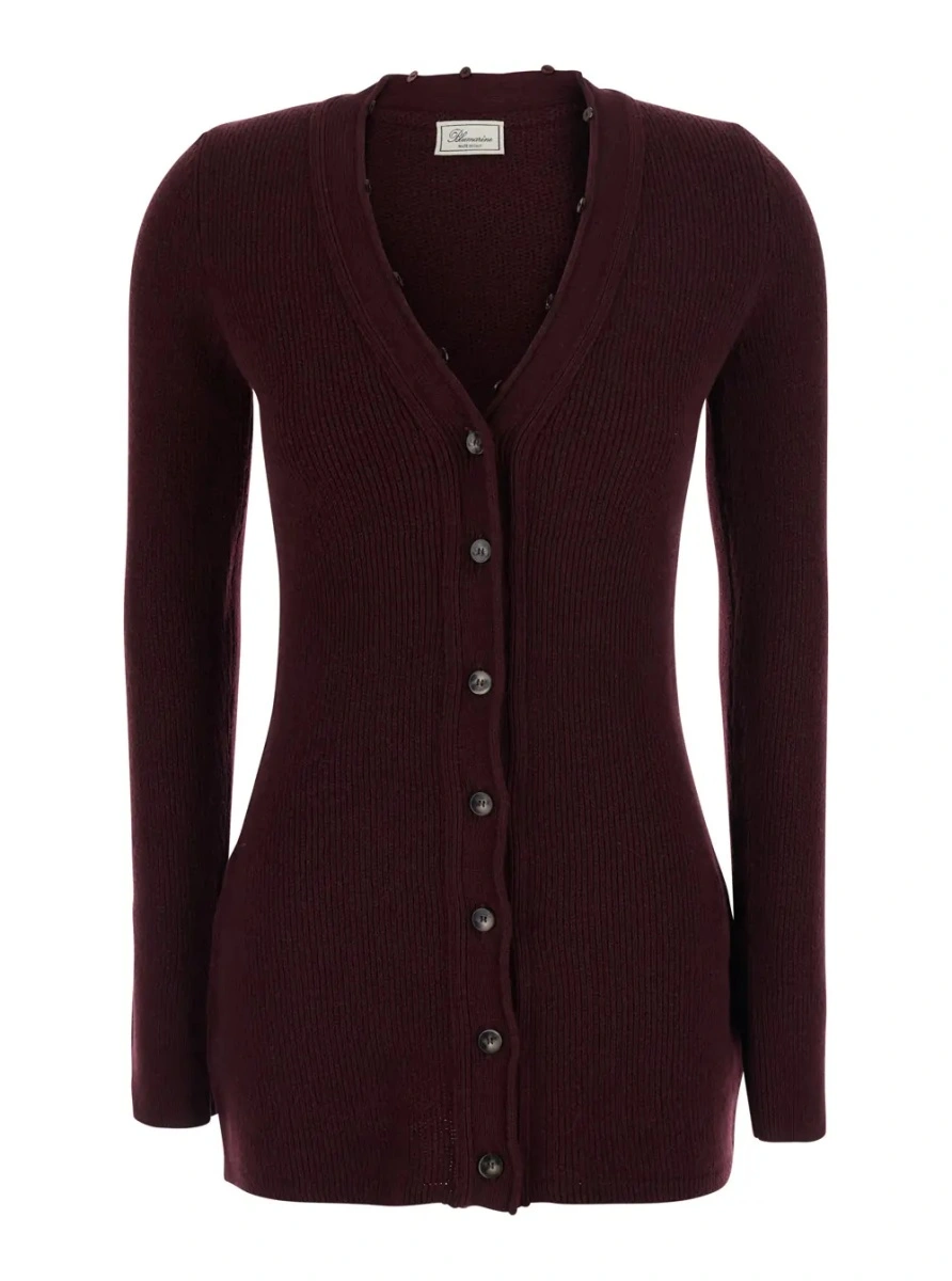 Cardigane Bordeaux Cardigan with V Neck and Removable Fur Collar in Wool for Women - Img 4