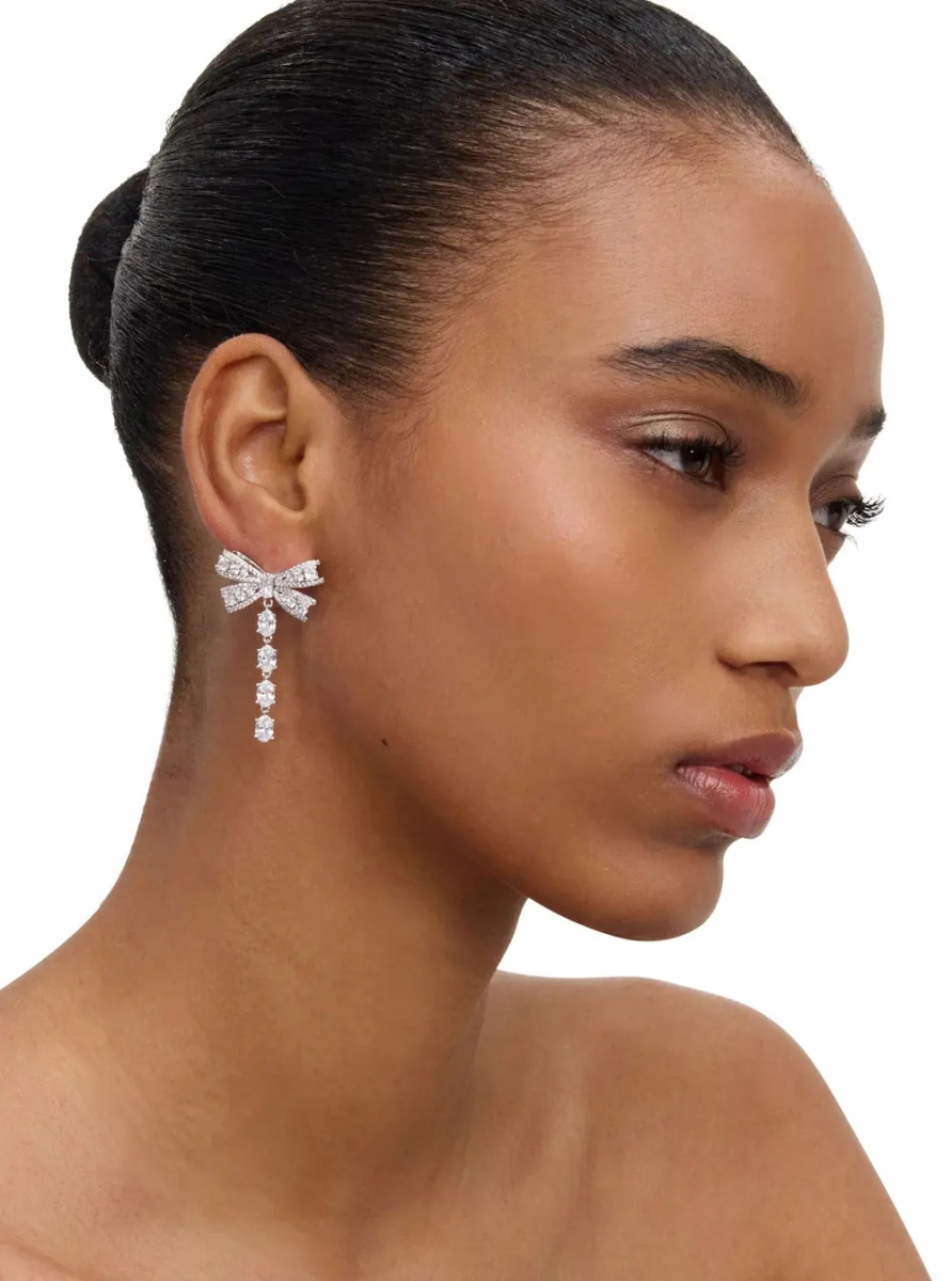 Cercei Silver-Colored Bow and Crystal Drop Earrings in Metal for Women - Img 3