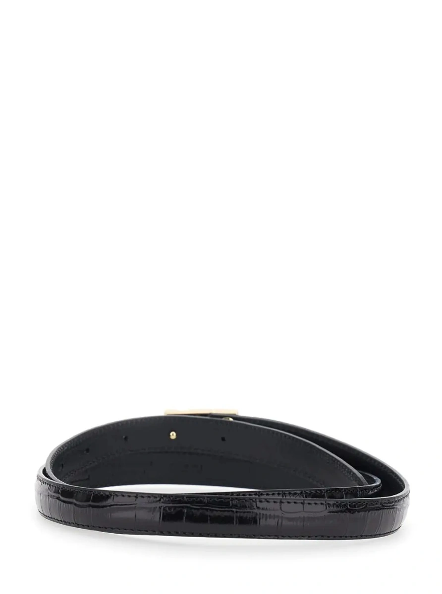 Curea Black Belt with Logo Lettering Plaque on the Front and Embossed Crocodile-Effect in Leather for Men - Img 2