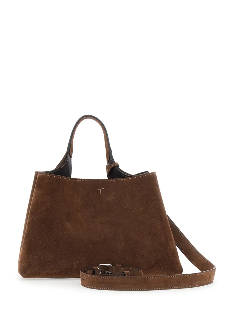 Geanta de mana Brown Handbag with Adjustable and Removable Shoulder Strap and T Plate on the Front in Suede for Women - Img 2
