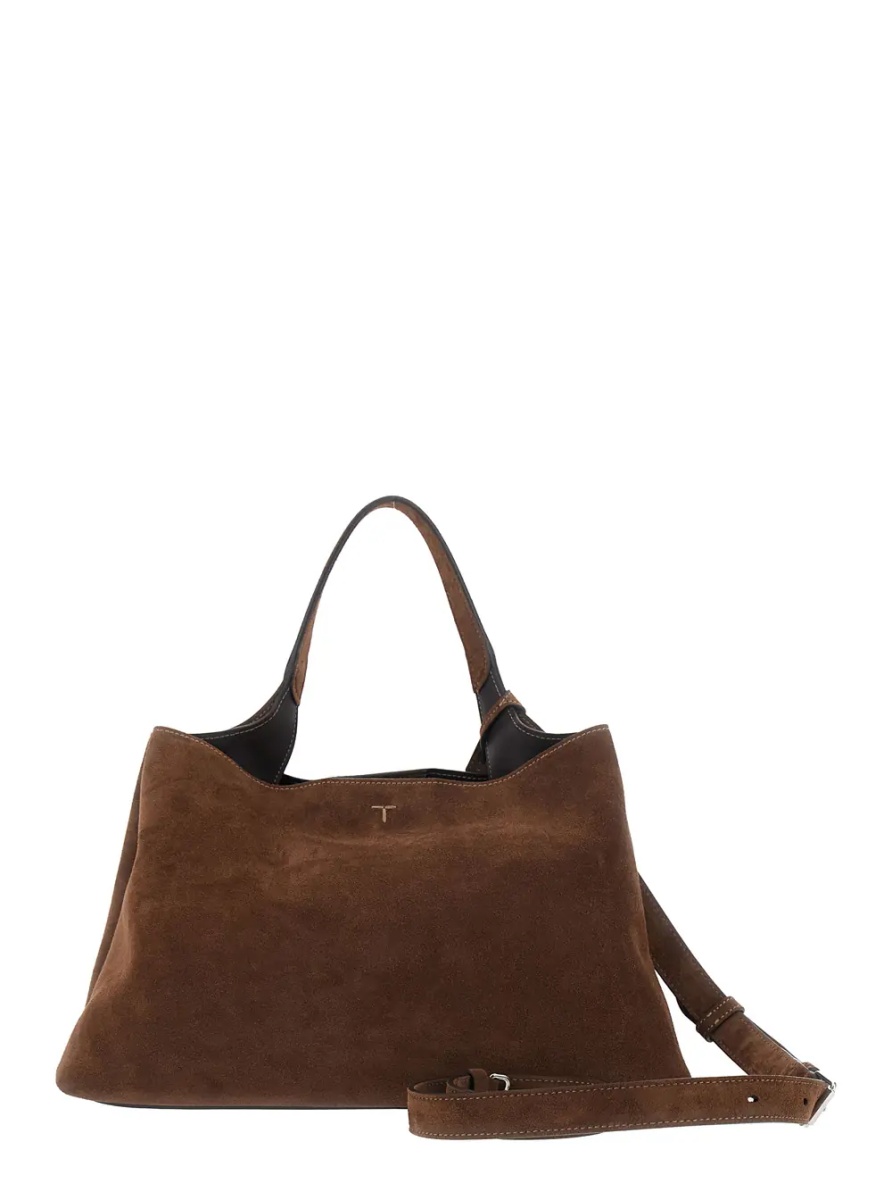 Geanta de mana Brown Handbag with Adjustable and Removable Shoulder Strap and T Plaque on the Front in Suede for Women - Img 2