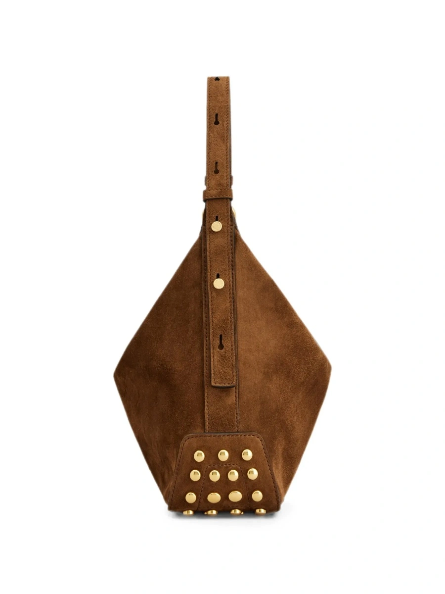 Geanta de mana Brown Handbag with top handle and metal dots in suede for women - Img 5