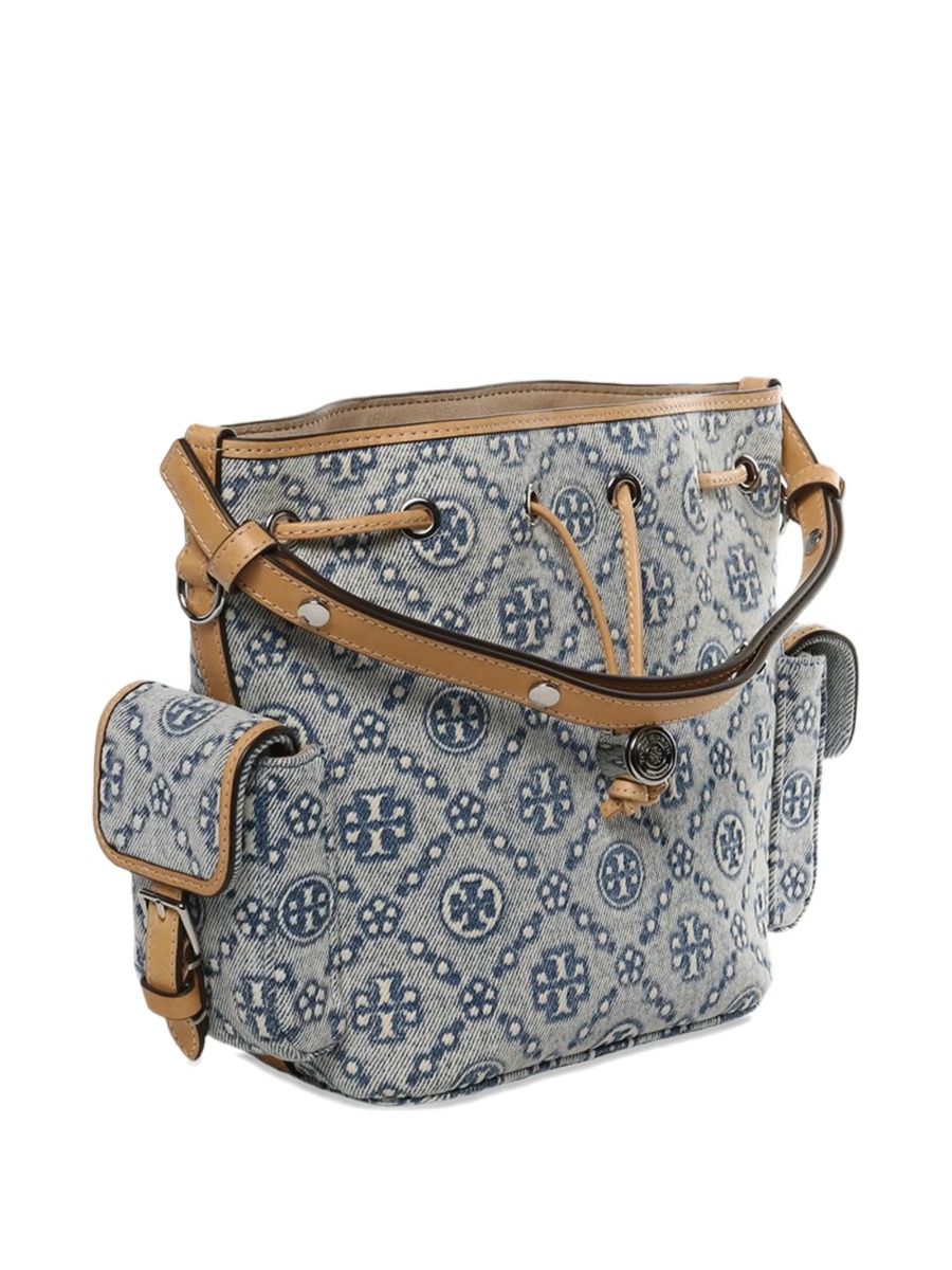 Geanta de mana Tory Burch albastra din piele si material textil - Img 2
