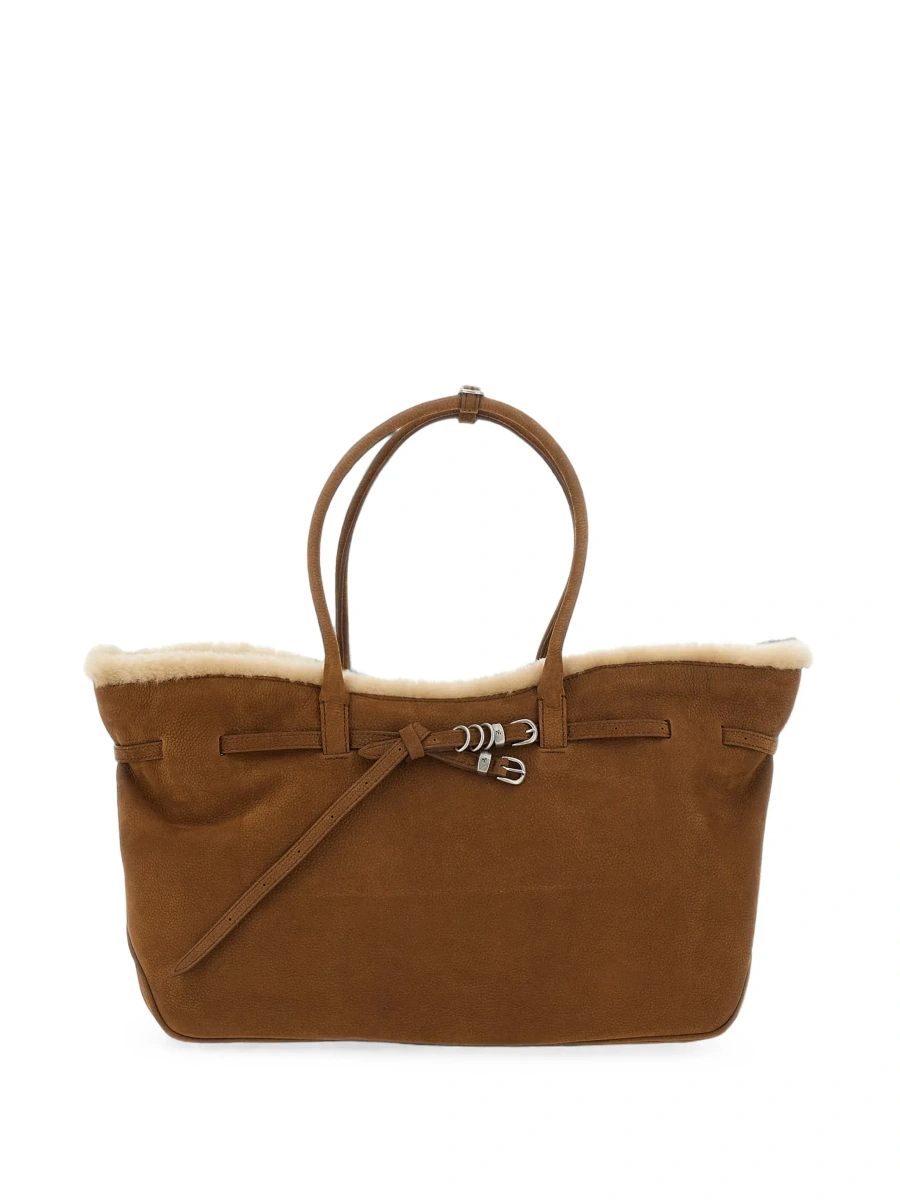 Geanta de umar Beige Shoulder bag with shearling lining and front logo loop in leather for women - Img 6