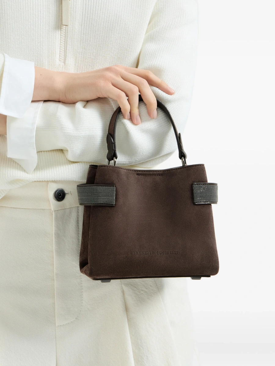 Geanta mini Brunello Cucinelli maro din piele intoarsa - Img 2