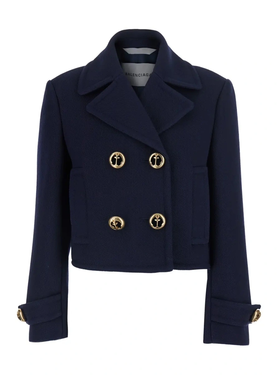 Jacheta Blue Cropped Jacket with Wide Notched Revers and Halfbelt in Wool for Women - Img 3