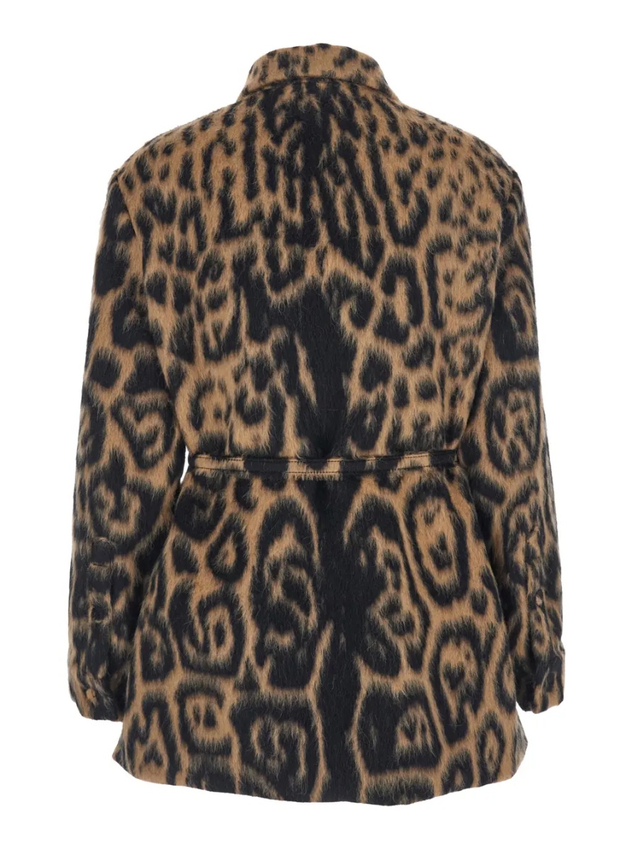 Paltoane Multicolor Coat with FF Buckled Belt on the Front and All-Over Leopard Motif in Wool Blend Woman - Img 2