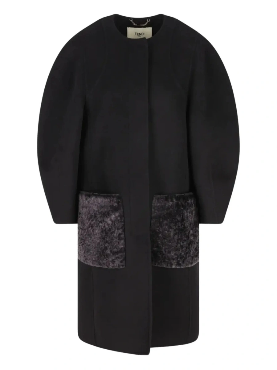 Palton Black Crewneck Coat with Puffed Sleeves and Two Front Shearling Pockets in Wool Blend Woman - Img 7