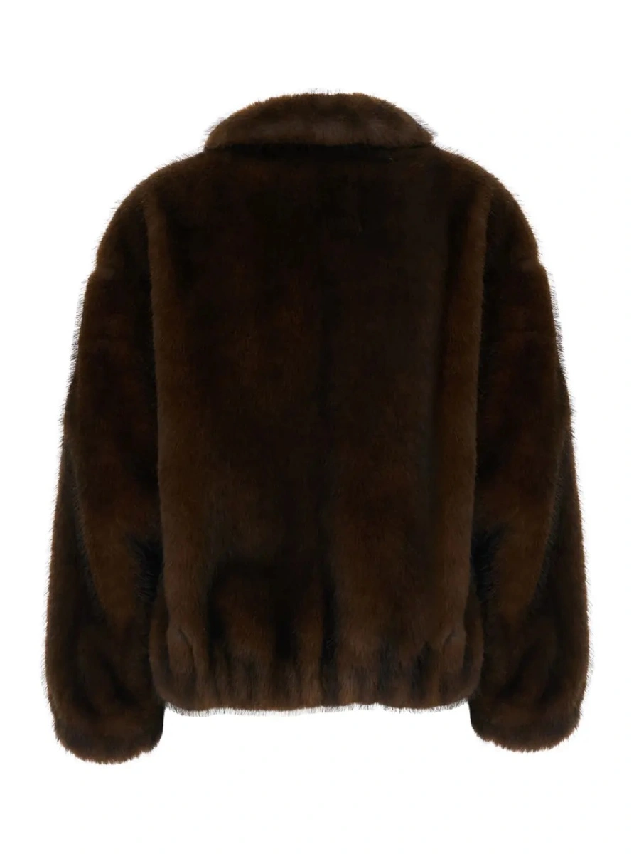 Palton Brown shearling coat with wide collar and long sleeves in ecofur for women - Img 2