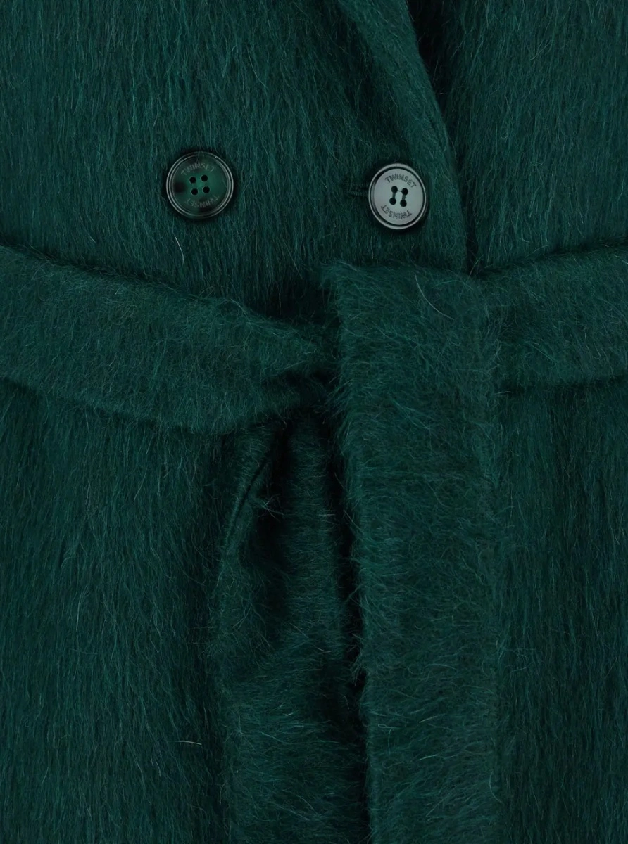 Palton Green Double-Breasted Coat with Notched Revers and Belt on the Front in Wool Blend Woman - Img 2