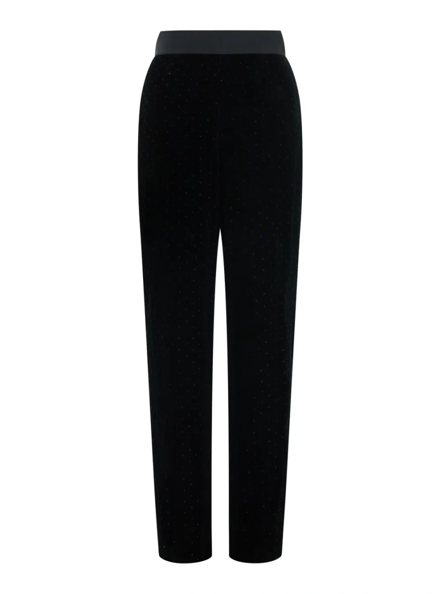 Pantaloni black Pants with elasticated waist, knot and all-over contrasting applications in velvet for women - Img 2
