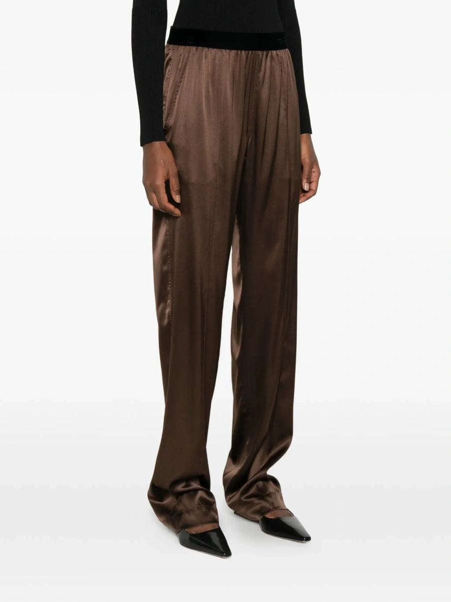 Pantaloni Brown Pants with Elastic Waist and logo lettering in Stretch Silk for Women - Img 5
