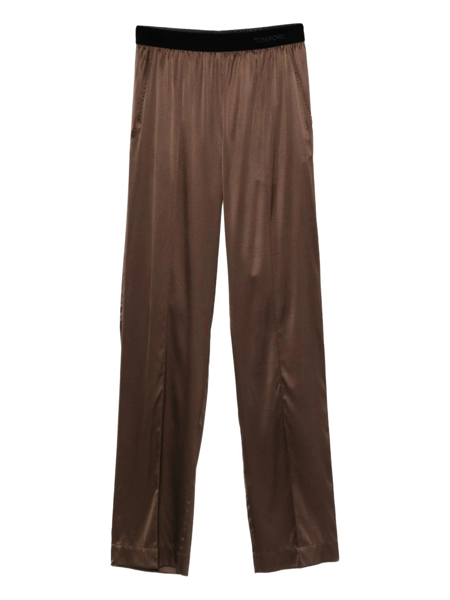 Pantaloni Brown Pants with Elastic Waist and logo lettering in Stretch Silk for Women - Img 8