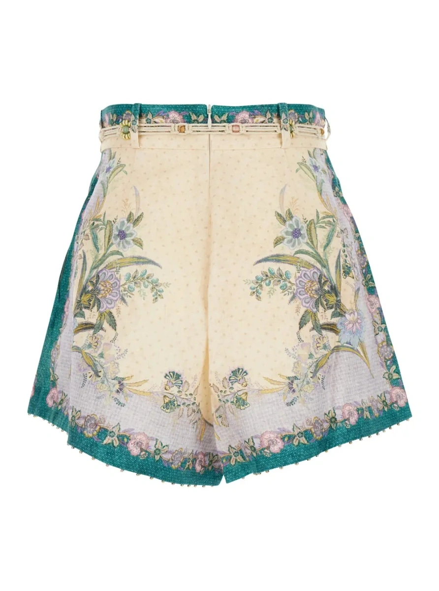 Pantaloni 'Indra' Multicolor shorts with Floral Motif and Drawstring at the Front in Linen for Women - Img 2