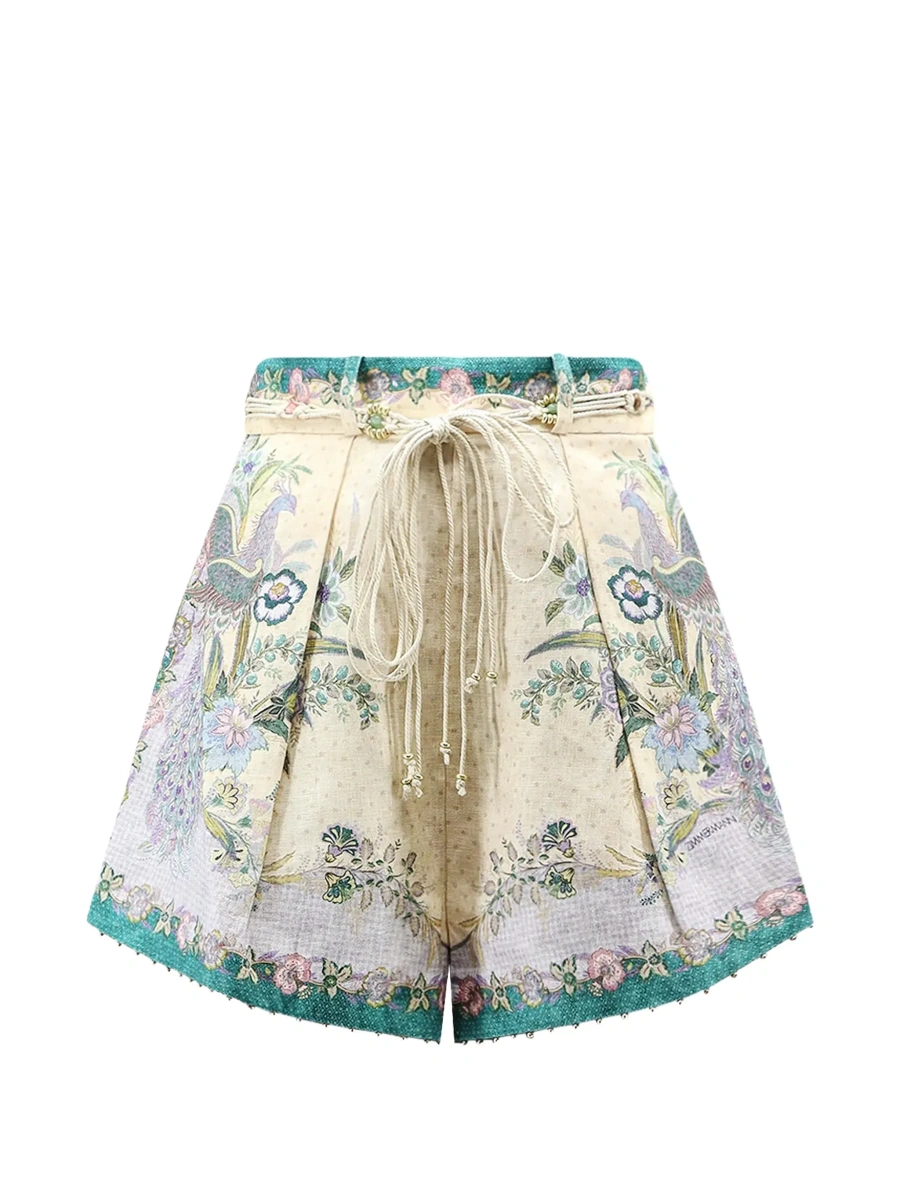 Pantaloni 'Indra' Multicolor shorts with Floral Motif and Drawstring at the Front in Linen for Women - Img 6