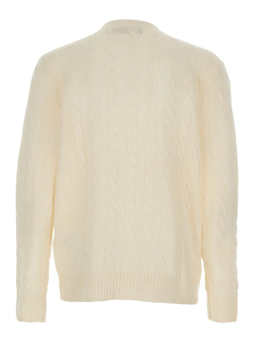 Pulover Crewneck Sweater with Braided Knit and Pony Embroidery on the Front in Wool and Cashmere White Men - Img 2