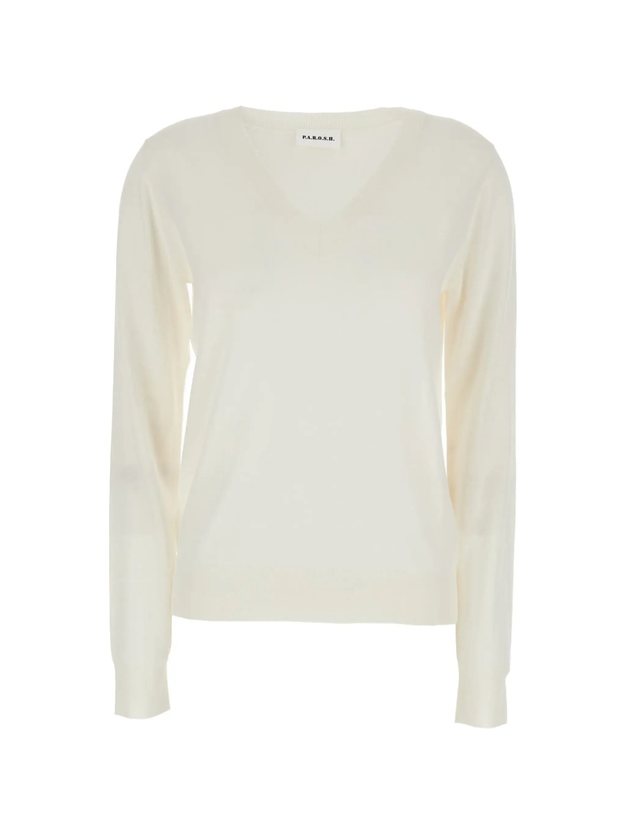 Pulover P.A.R.O.S.H. Long Sleeve V-Neck Sweater in White Wool and Silk Blend for Women - Img 6