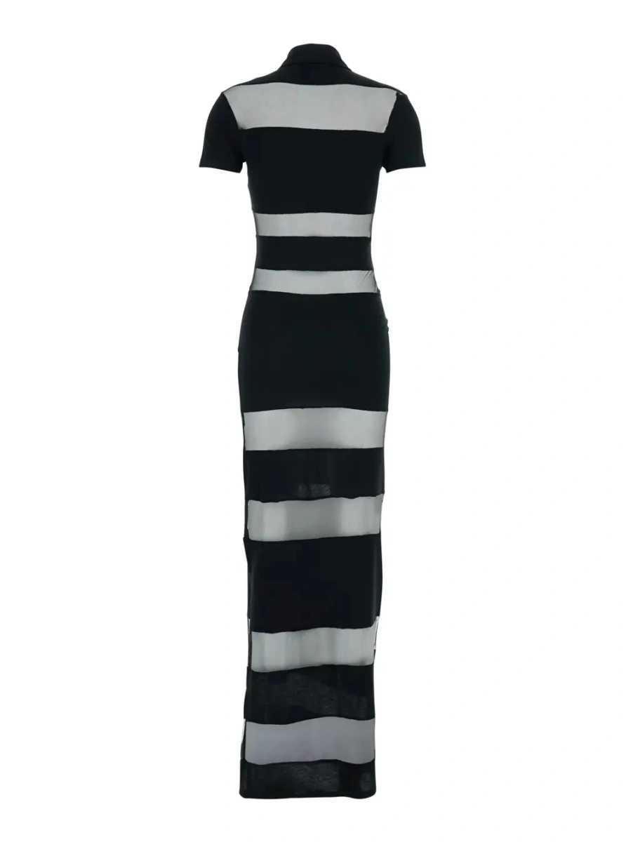 Rochii Black Long Dress with Logo Embroidery on the Front and All-Over Stripes in Cotton Blend Woman - Img 2