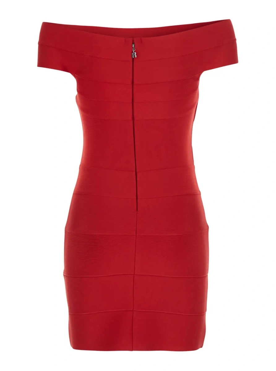 Rochii Red Mini Dress with Off-shoulder Design and Elastic Inserts on the Front in Tech Fabric Women - Img 2