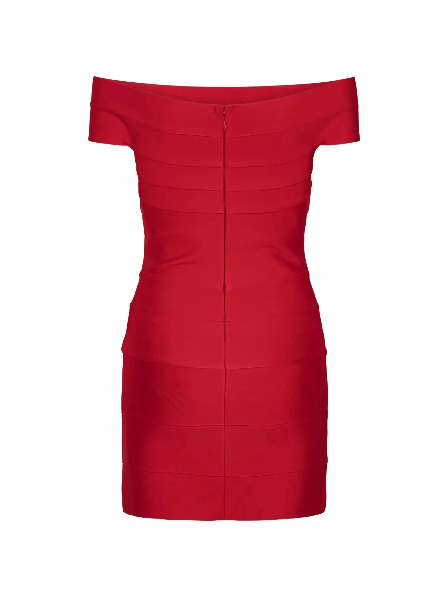 Rochii Red Mini Dress with Off-shoulder Design and Elastic Inserts on the Front in Tech Fabric Women - Img 4