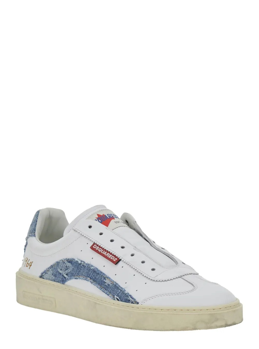 Sneakers White Low Top Sneakers with Denim Panels and Distressed Effect in Leather Man - Img 2