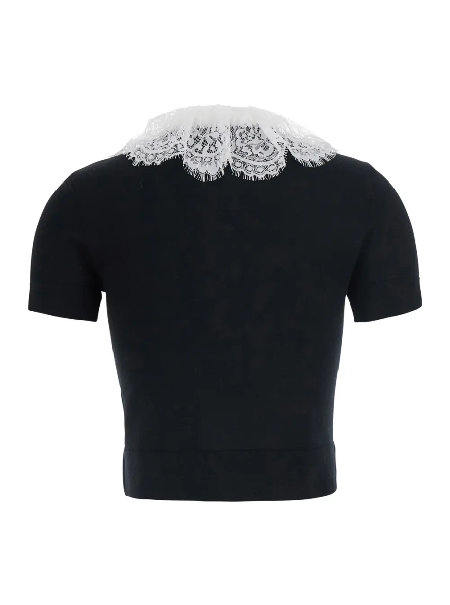 Topuri black Top with collar with lace details in wool for women - Img 2