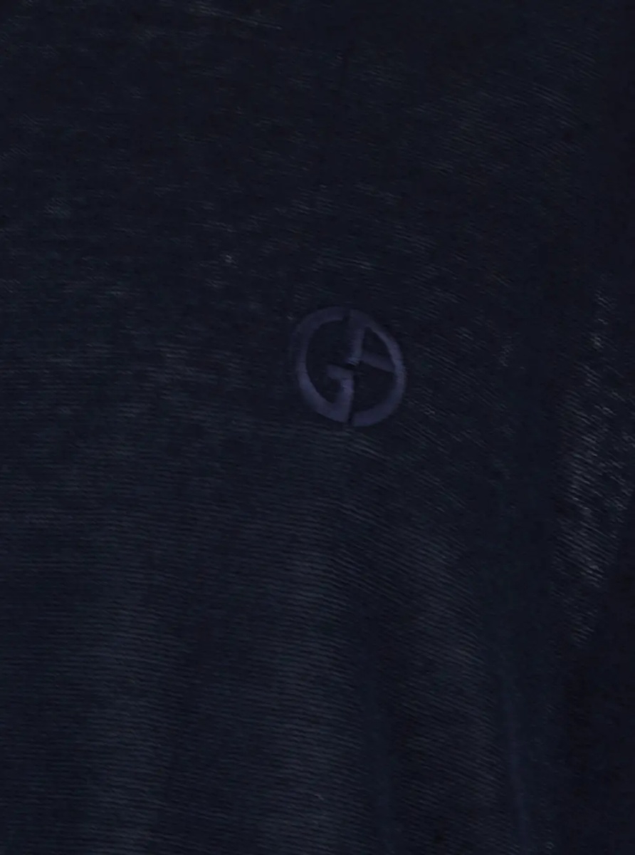 Tricou Blue Crew Neck T-shirt with Tone-on-Tone Logo on the Front in Linen and Silk Blend for Men - Img 3
