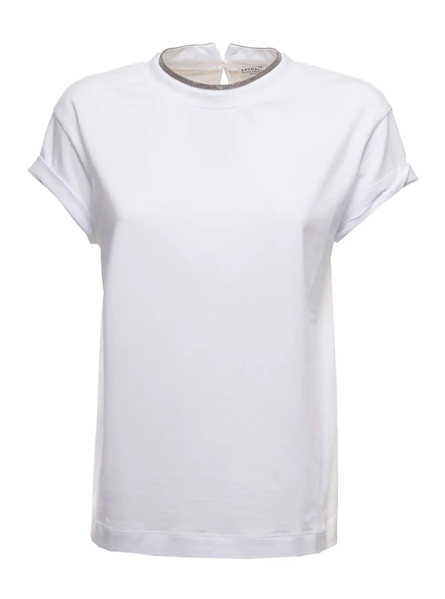 Tricou white T-shirt with round neck and Monile details in cotton for women - Img 3