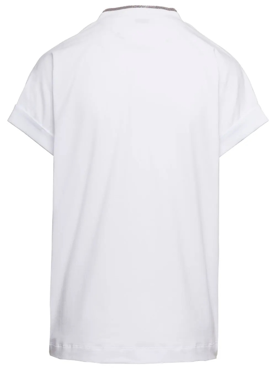 Tricou White V-Neck T-Shirt with Monile Detail in Stretch Cotton Woman Brunello Cucinelli - Img 2